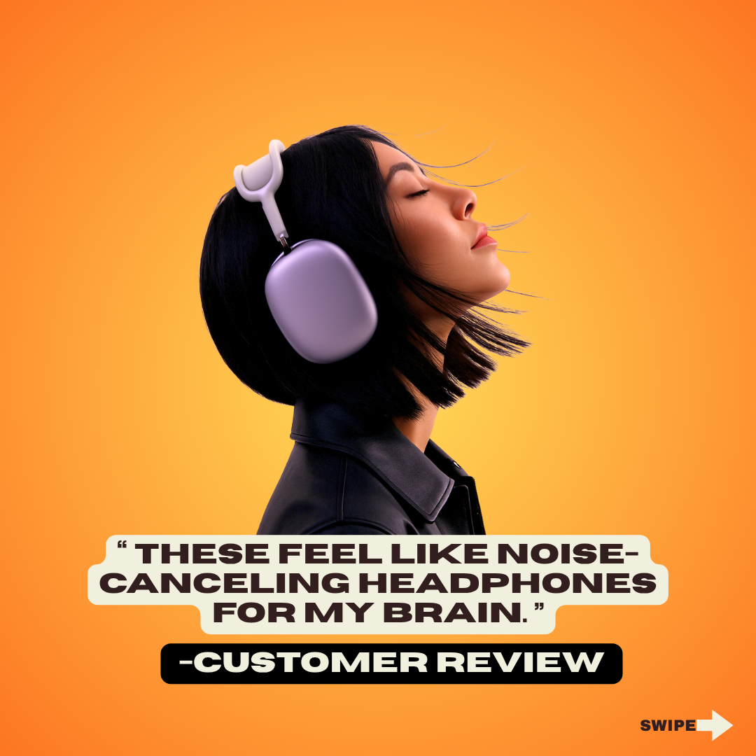 Person wearing purple headphones with a quote on an orange background