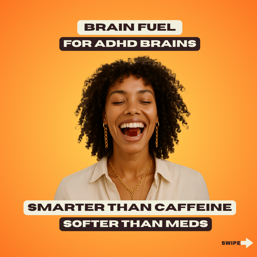 Woman laughing with text about brain fuel for ADHD brains on an orange background