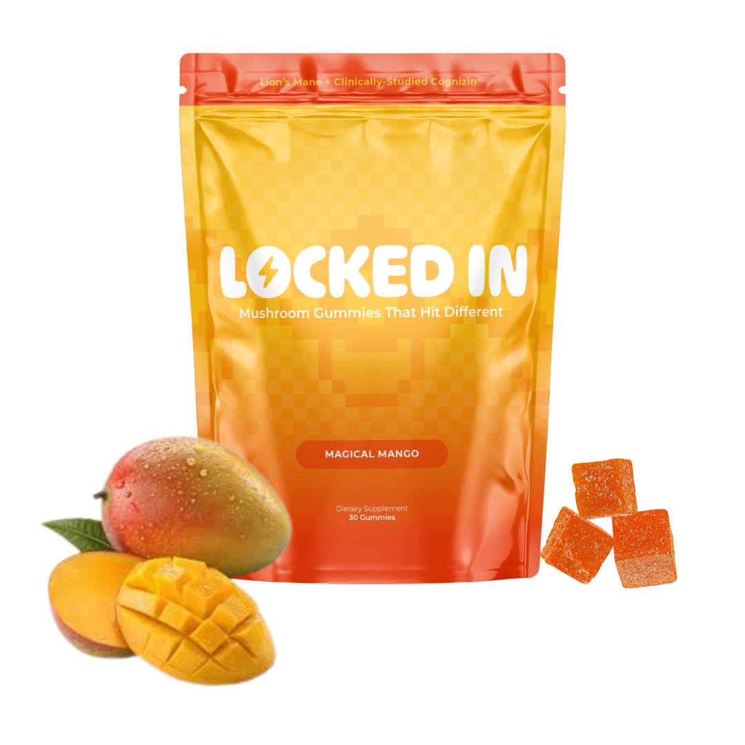 Orange 'Locked In' gummy package with mangoes and gummies on a white background